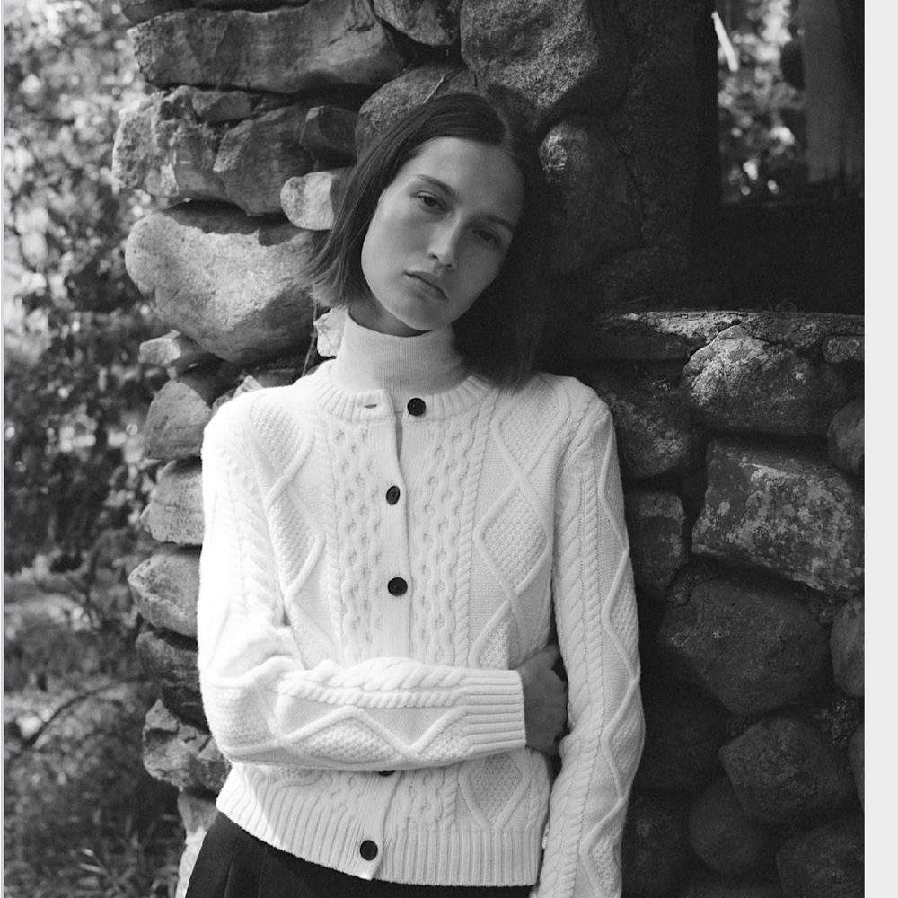 Aritzia Classic Cable Knit cardigan sweater, white. 100% soft merino wool.